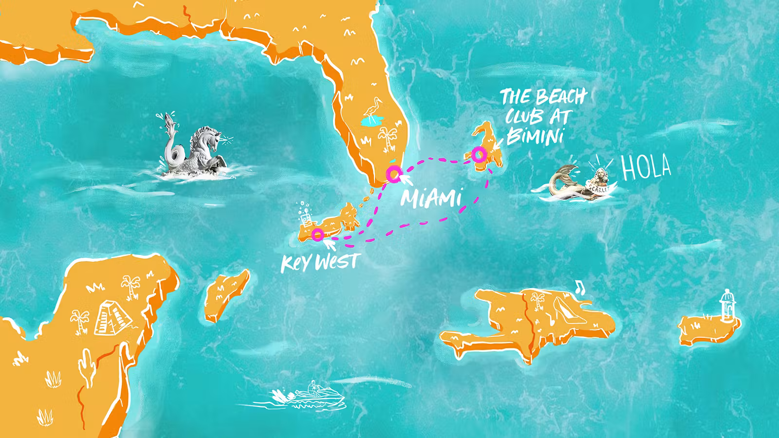 Route map from Miami to Key West and the Beach Club at Bimini